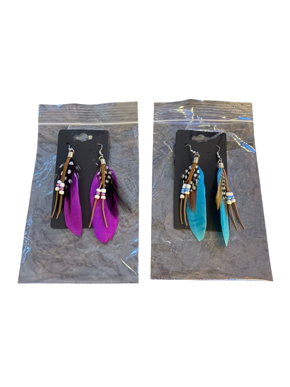 Feather Boho Dangle Earrings - Purple and Teal Set-New